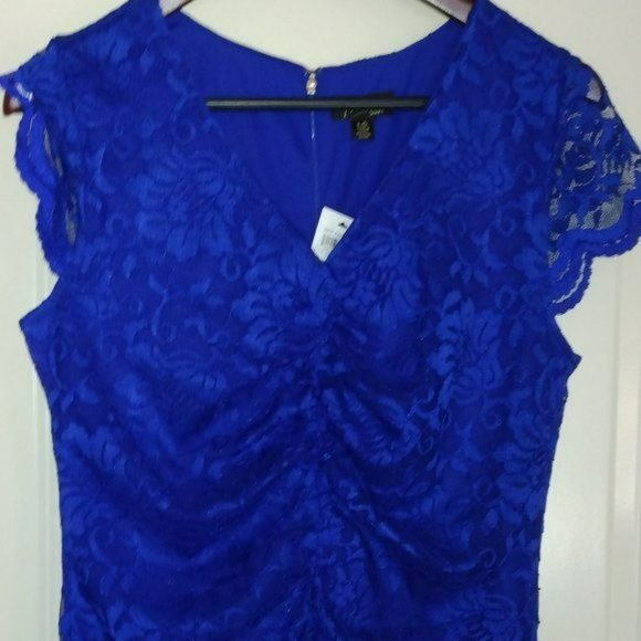Thalia Sodi Royal Blue Lace Ruched Dress Short Sleeve Size Large NWT - Picture 2 of 12